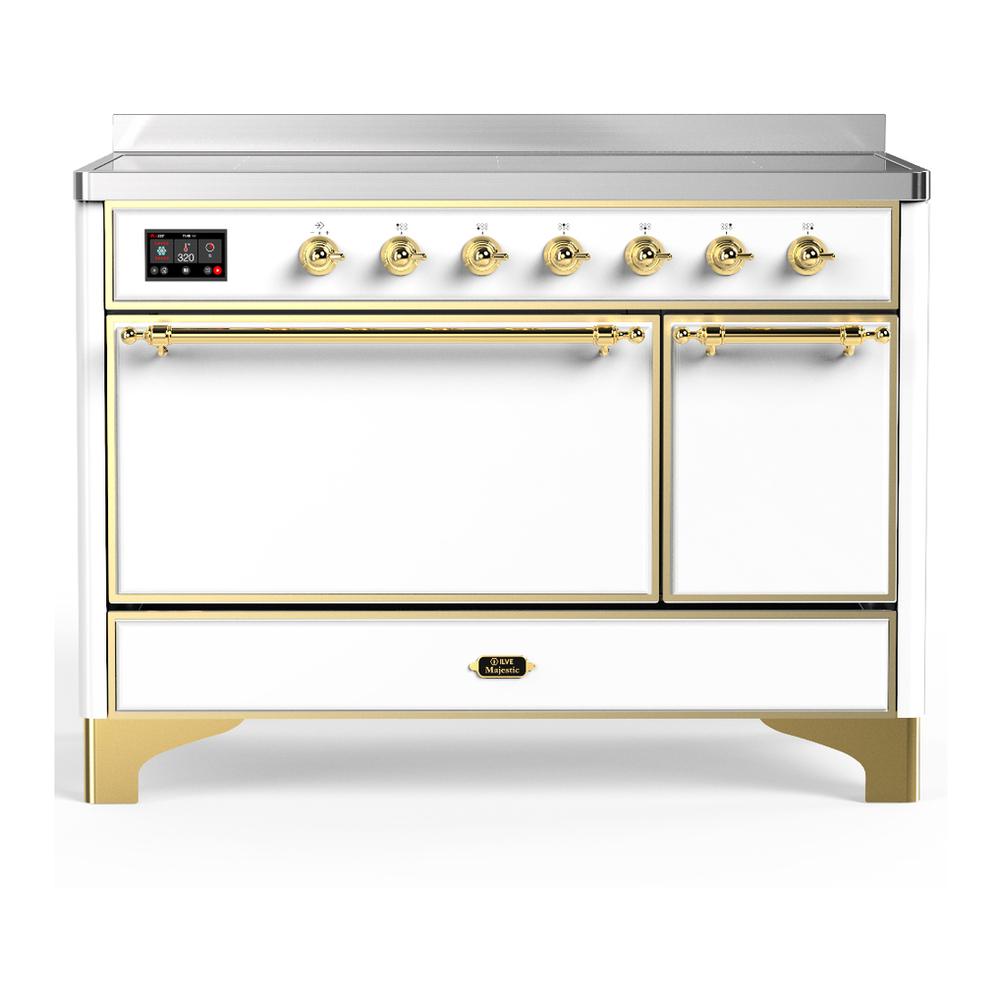 ILVE UMIB48QNR3WHG Majestic III 48 inch Induction Range with 6 Elements, 5.02 cu. ft. Total Oven Capacity (Solid Door, White, Brass)