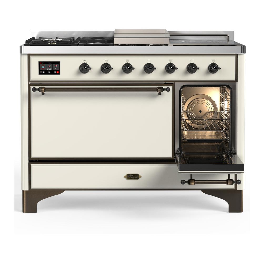 ILVE UM48FSQNR3AWB Majestic III 48 inch Dual Fuel Range with 5 Black Brass Burners, Griddle and French Top, Dual Function Burner up to 25,000 BTU (Natural Gas, Solid Door, Antique White, Burnished)