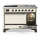 ILVE UM48FSQNR3AWB Majestic III 48 inch Dual Fuel Range with 5 Black Brass Burners, Griddle and French Top, Dual Function Burner up to 25,000 BTU (Natural Gas, Solid Door, Antique White, Burnished)