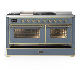 ILVE UM60FSNR3BGG Majestic III 60 inch Dual Fuel Range with 7 Burners, Griddle and French Top, Dual Function Burner with up to 25,000 BTU (Natural Gas, Triple Glass Door, Blue Grey, Brass)