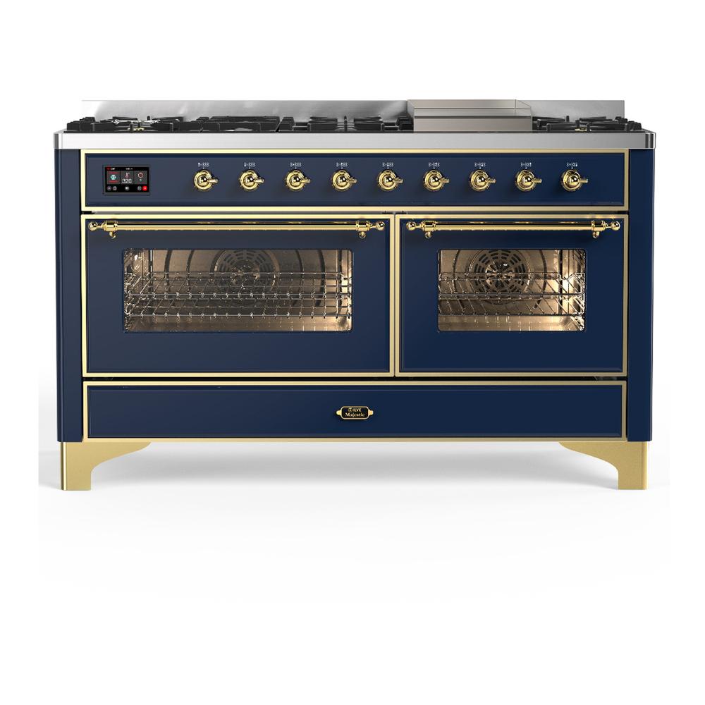 ILVE UM60FNR3MBG Majestic III 60 inch Dual Fuel Range with 9 Burners and Griddle, Dual Function Burner up to 25,000 BTU (Natural Gas, Triple Glass Door, Midnight Blue, Brass)