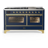 ILVE UM60FNR3MBG Majestic III 60 inch Dual Fuel Range with 9 Burners and Griddle, Dual Function Burner up to 25,000 BTU (Natural Gas, Triple Glass Door, Midnight Blue, Brass)