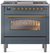 Nostalgie II 36 Inch Dual Fuel Liquid Propane Freestanding Range in Blue Grey with Brass Trim