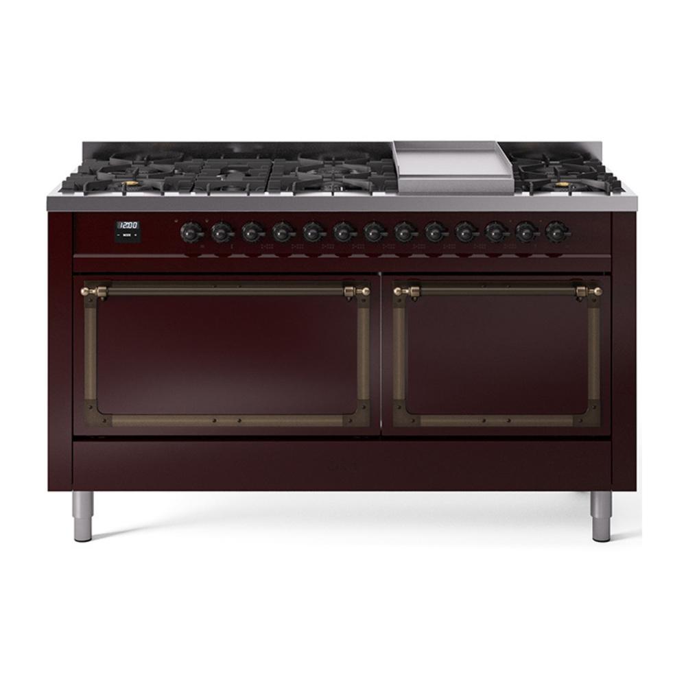 ILVE UN60FQNMPBUBLP Nostalgie II Noblesse 60 inch Dual Fuel Range (9 Sealed Burners + Griddle, Liquid Propane, Solid Door, Burgundy, Burnished)