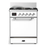 ILVE UM30QNR3WHCLP Majestic III 30 inch Dual Fuel Range with 5 Black Brass Burners, Dual Function Burner up to 25,000 BTU (Liquid Propane, Solid Door, White, Chrome)