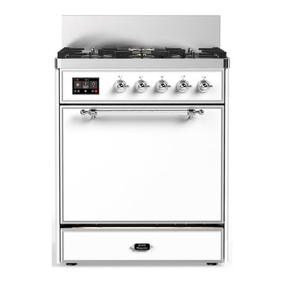 ILVE UM30QNR3WHCLP Majestic III 30 inch Dual Fuel Range with 5 Black Brass Burners, Dual Function Burner up to 25,000 BTU (Liquid Propane, Solid Door, White, Chrome)