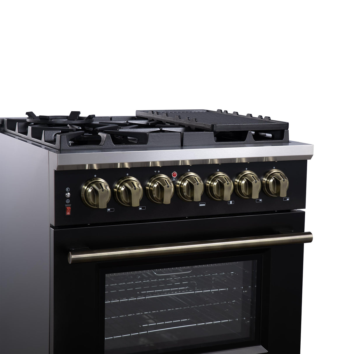Forno Massimo 30 Inch Freestanding Dual Fuel Range in Black with Antique Brass Accessories, 4 Burners, 4.32 cu. ft. Convection Oven