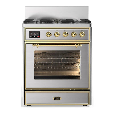 ILVE UM30NR3SSGLP Majestic III 30 inch Dual Fuel Range with 5 Black Brass Burners, Dual Function Burner up to 25,000 BTU (Liquid Propane, Triple Glass Door, Stainless Steel, Brass)