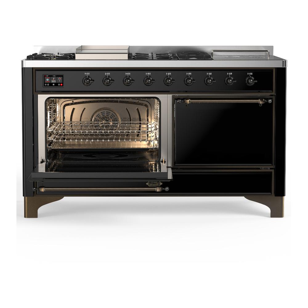 ILVE UM60FSQNR3BKBLP Majestic III 60 inch Dual Fuel Range with 7 Burners, Griddle and French Top, Dual Function Burner with up to 25,000 BTU (Liquid Propane, Solid Door, Glossy Black, Burnished)