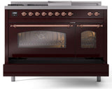 Nostalgie II 48 Inch Dual Fuel Natural Gas Freestanding Range in Burgundy with Copper Trim