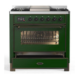 ILVE UM36FNR3EGBLP Majestic III 36 inch Dual Fuel Range with 6 Black Brass Burners and Griddle, Dual Function Burner up to 25,000 BTU (Triple Glass Door, Emerald Green, Burnished, Liquid Propane)