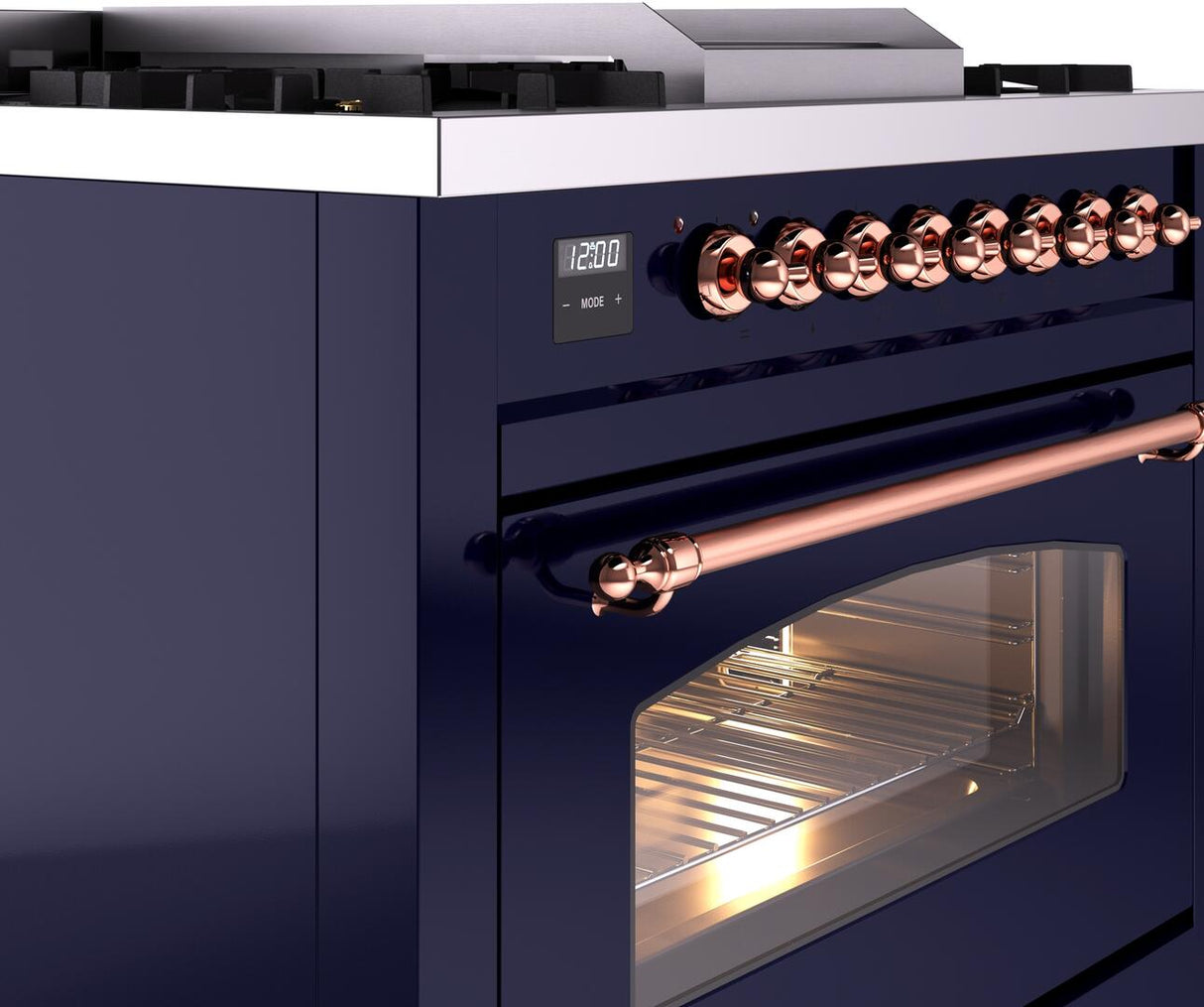 Nostalgie II 36 Inch Dual Fuel Natural Gas Freestanding Range in Blue with Copper Trim