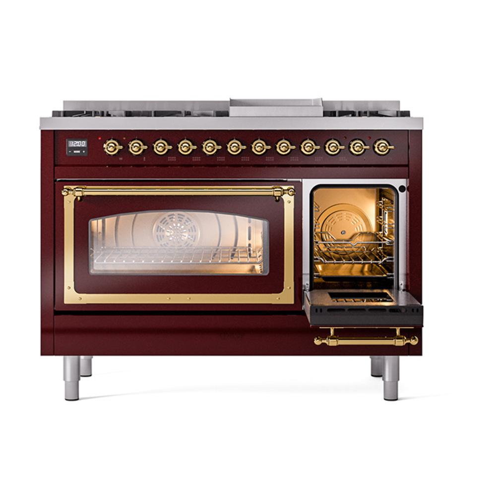 ILVE UN48FNMPBUG Nostalgie II Noblesse 48 inch Dual Fuel Range (8 Sealed Burners + Griddle, Natural Gas, Triple Glass Door, Burgundy, Brass)
