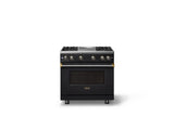 36"W. Sealed Burner Gas Range (Burner: 4g, Finish: Onyx, Trim: Brushed Brass, Fuel: Propane)