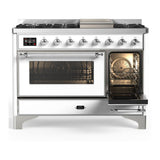 ILVE UM48FNR3WHC Majestic III 48 inch Dual Fuel Range with 8 Burners and Griddle, Dual Function Burner up to 25,000 BTU (Natural Gas, Triple Glass Door, White, Chrome)