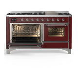 ILVE UM60FNR3BUCLP Majestic III 60 inch Dual Fuel Range with 9 Burners and Griddle, Dual Function Burner up to 25,000 BTU (Liquid Propane, Triple Glass Door, Burgundy, Chrome)