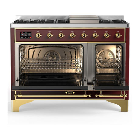 ILVE UM48FQNR3BUGLP Majestic III 48 inch Dual Fuel Range with 8 Burners and Griddle, Dual Function Burner up to 25,000 BTU (Liquid Propane, Solid Door, Burgundy, Brass)