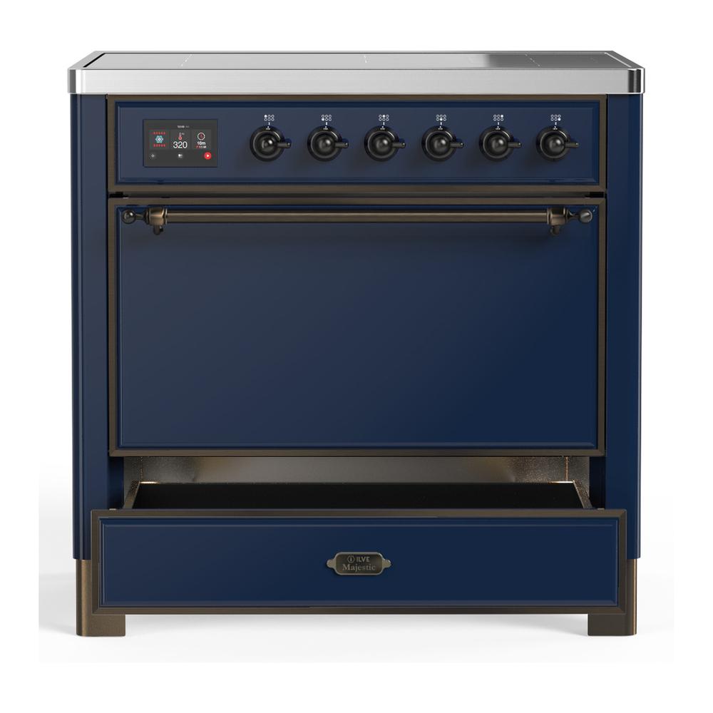 ILVE UMIB36QNR3MBB Majestic III 36 inch Induction Range with 6 Elements, 3.5 cu. ft. Total Oven Capacity (Solid Door, Midnight Blue, Burnished)