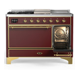 ILVE UM48FSQNR3BUGLP Majestic III 48 inch Dual Fuel Range with 5 Black Brass Burners, Griddle and French Top, Dual Function Burner up to 25,000 BTU (Liquid Propane, Solid Door, Burgundy, Brass)