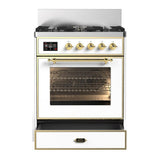 ILVE UM30NR3WHGLP Majestic III 30 inch Dual Fuel Range with 5 Black Brass Burners, Dual Function Burner up to 25,000 BTU (Liquid Propane, Triple Glass Door, White, Brass)