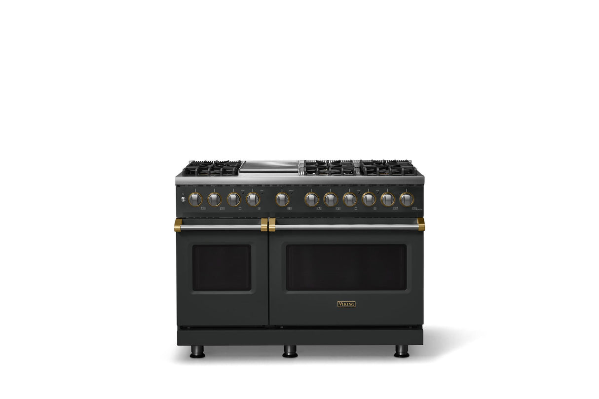 48"W. Dual Fuel Range (Burner: 6g, Finish: Antique Bronze, Trim: Brushed Brass, Fuel: Natural Gas)
