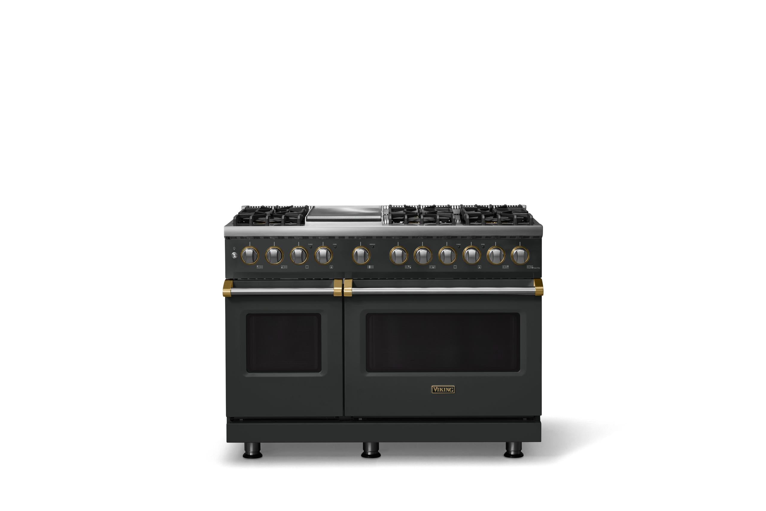 48"W. Dual Fuel Range (Burner: 6g, Finish: Antique Bronze, Trim: Brushed Brass, Fuel: Natural Gas)