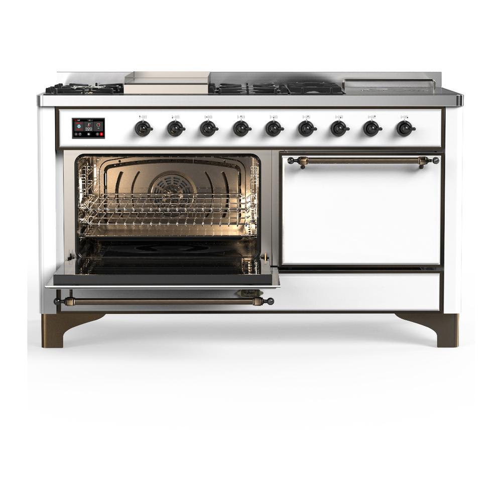 ILVE UM60FSQNR3WHBLP Majestic III 60 inch Dual Fuel Range with 7 Burners, Griddle and French Top, Dual Function Burner with up to 25,000 BTU (Liquid Propane, Solid Door, White, Burnished)