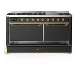 ILVE UM60FQNR3MGGLP Majestic III 60 inch Dual Fuel Range with 9 Burners and Griddle, Dual Function Burner up to 25,000 BTU (Liquid Propane, Solid Door, Graphite Matte, Brass)