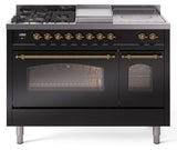 Nostalgie II 48 Inch Dual Fuel Natural Gas Freestanding Range in Glossy Black with Brass Trim