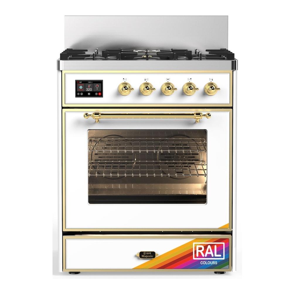 ILVE UM30NR3RAG Majestic III 30 inch Dual Fuel Range with 5 Black Brass Burners, Dual Function Burner up to 25,000 BTU (Natural Gas, Triple Glass Door, RAL, Brass)