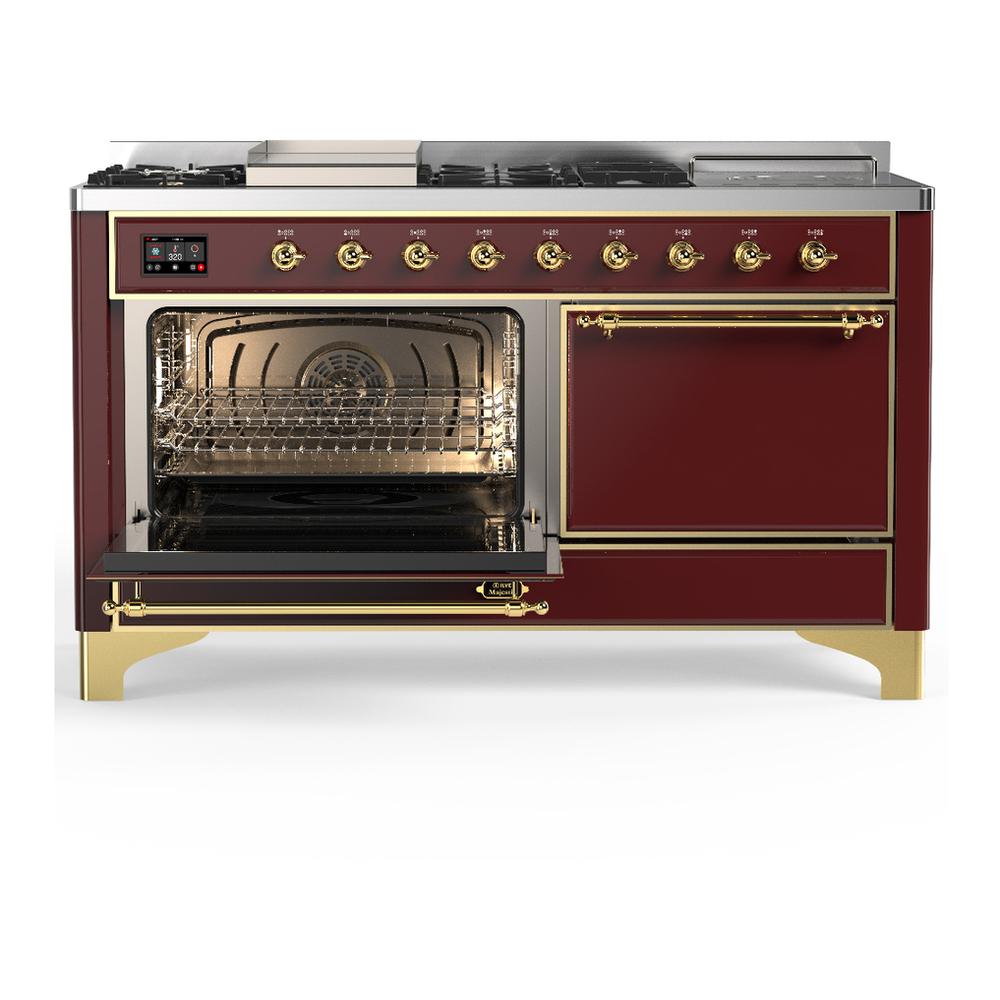 ILVE UM60FSQNR3BUGLP Majestic III 60 inch Dual Fuel Range with 7 Burners, Griddle and French Top, Dual Function Burner with up to 25,000 BTU (Liquid Propane, Solid Door, Burgundy, Brass)
