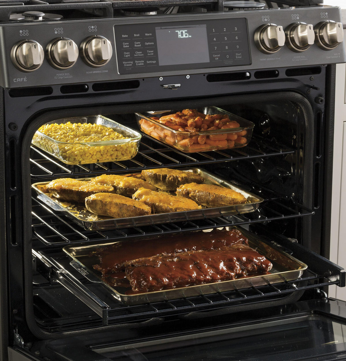 GE Café Series 30" Slide-In Front Control Gas Double Oven with Convection Range