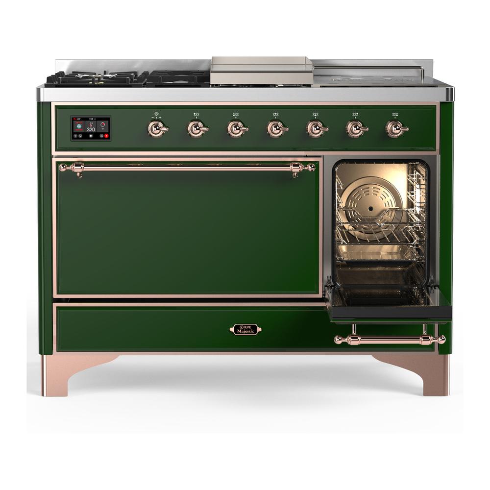 ILVE UM48FSQNR3EGPLP Majestic III 48 inch Dual Fuel Range with 5 Black Brass Burners, Griddle and French Top, Dual Function Burner up to 25,000 BTU (Liquid Propane, Solid Door, Emerald Green, Copper)