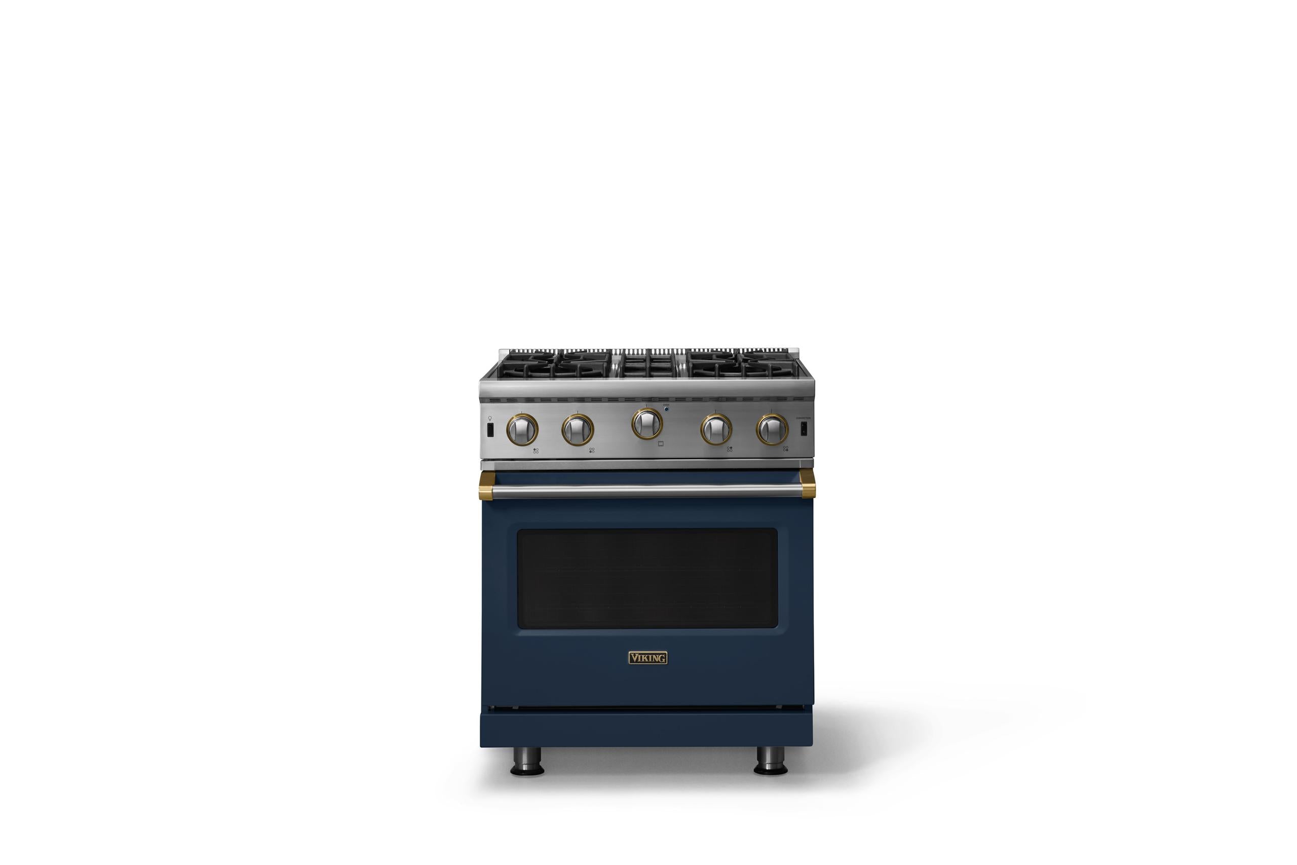 30"W. Open Burner Gas Range (Finish: Slate Blue, Trim: Brushed Brass, Fuel: Natural Gas)