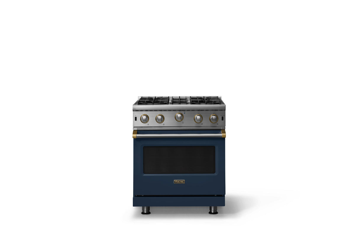 30"W. Open Burner Gas Range (Finish: Slate Blue, Trim: Brushed Brass, Fuel: Propane)