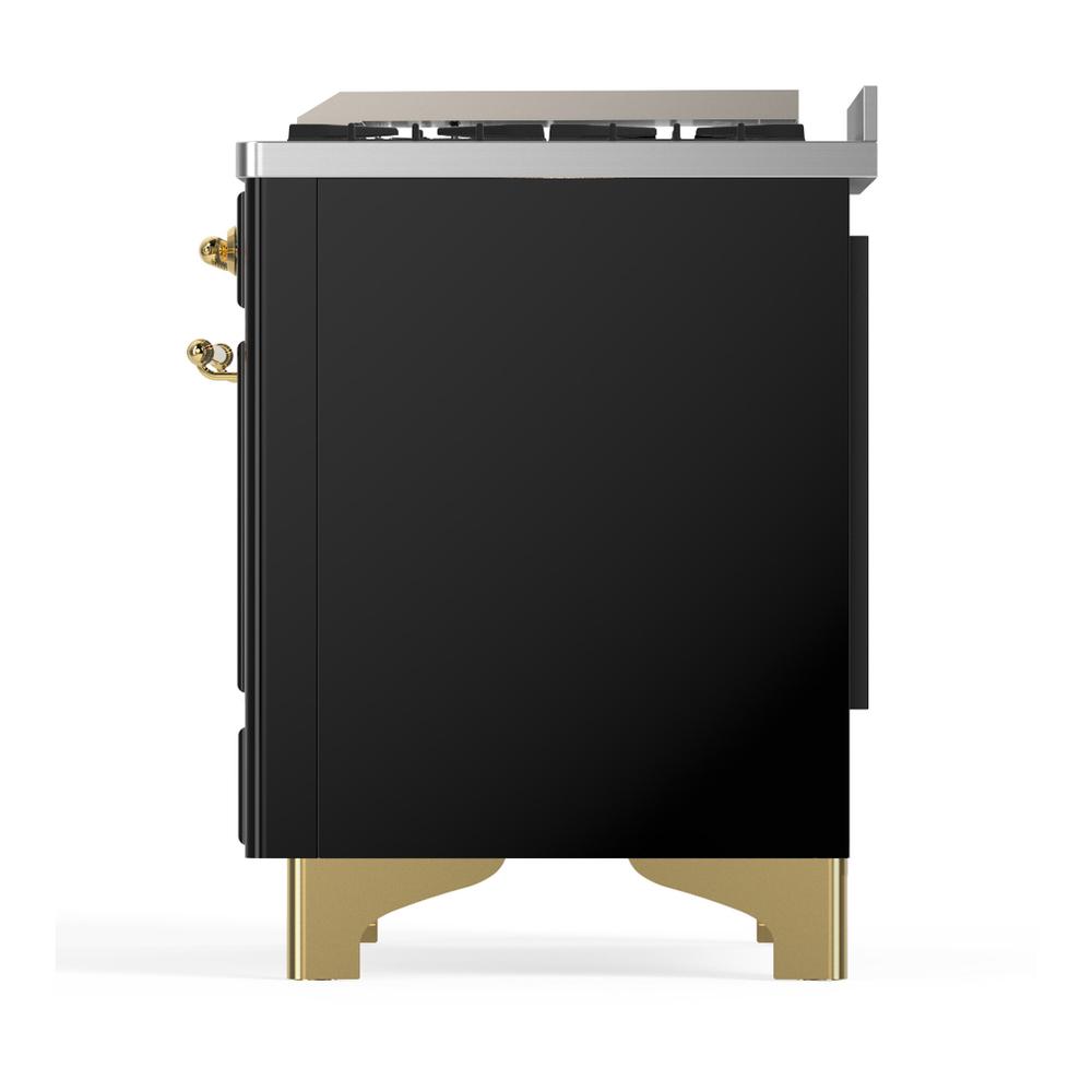 ILVE UM60FSNR3BKG Majestic III 60 inch Dual Fuel Range with 7 Burners, Griddle and French Top, Dual Function Burner with up to 25,000 BTU (Natural Gas, Triple Glass Door, Glossy Black, Brass)