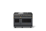 48"W. Dual Fuel Range (Burner: 6g, Finish: Cast Black, Trim: Brushed Brass, Fuel: Natural Gas)