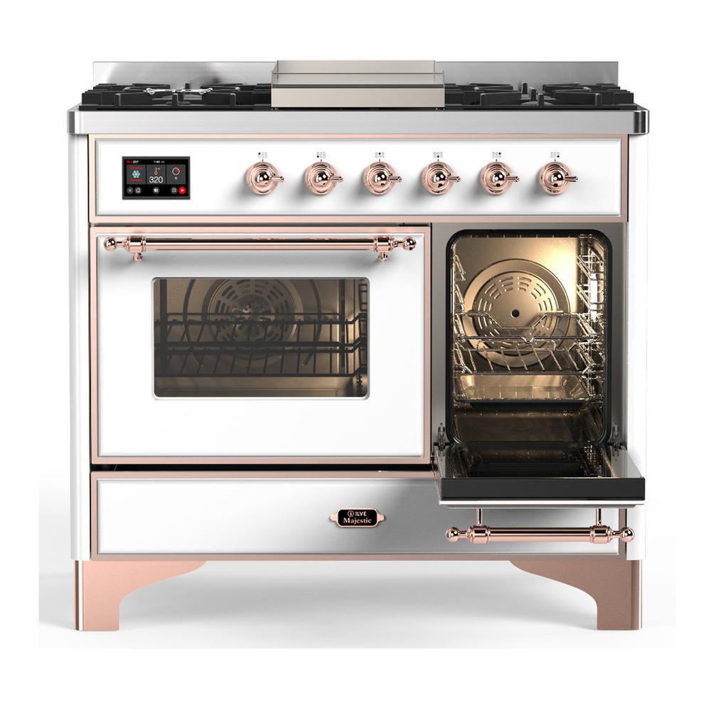ILVE UMD40FNR3WHP Majestic III 40 inch Dual Fuel Range with 6 Burners and Griddle, Dual Function Burner up to 25,000 BTU (Natural Gas, Triple Glass Door, White, Copper)