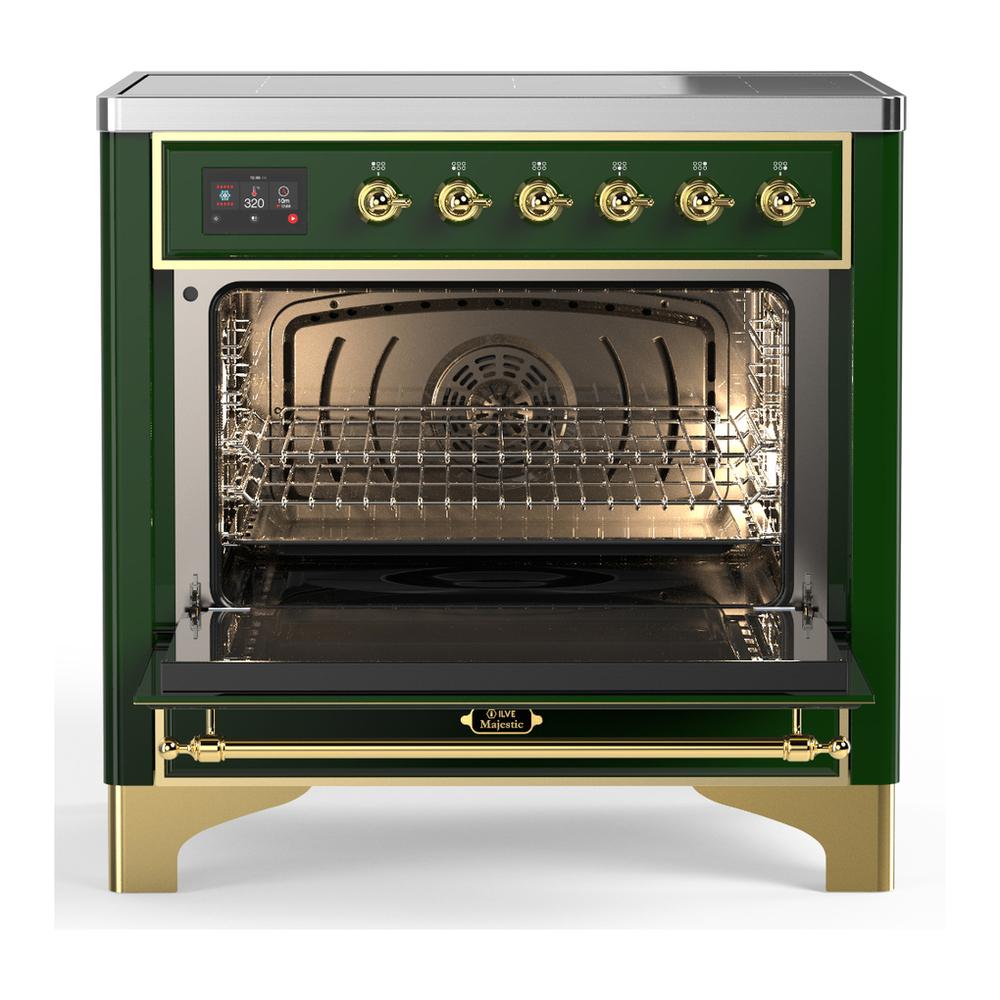 ILVE UMIB36NR3EGG Majestic III 36 inch Induction Range with 6 Elements, 3.5 cu. ft. Total Oven Capacity (Triple Glass Door, Emerald Green, Brass)