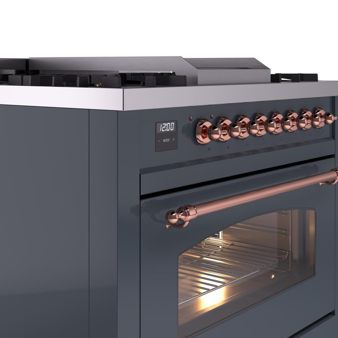 Nostalgie II 36 Inch Dual Fuel Liquid Propane Freestanding Range in Blue Grey with Copper Trim