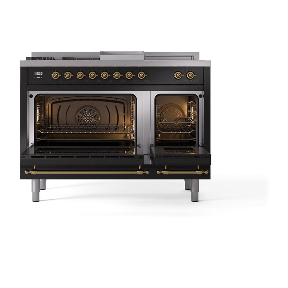 ILVE UN48FSNMPBKGLP Nostalgie II Noblesse 48 inch Dual Fuel Range (5 Sealed Burners + Griddle + French Top, Liquid Propane, Triple Glass Door, Glossy Black, Brass)