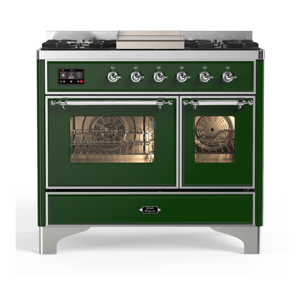 ILVE UMD40FNR3EGCLP Majestic III 40 inch Dual Fuel Range with 6 Burners and Griddle, Dual Function Burner up to 25,000 BTU (Liquid Propane, Triple Glass Door, Emerald Green, Chrome)