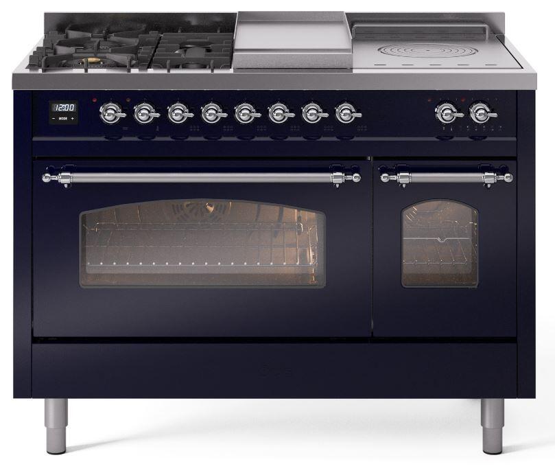 Nostalgie II 48 Inch Dual Fuel Natural Gas Freestanding Range in Blue with Chrome Trim