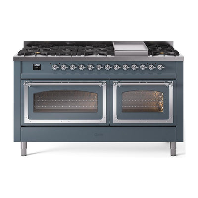 ILVE UN60FNMPBGCLP Nostalgie II Noblesse 60 inch Dual Fuel Range (9 Sealed Burners + Griddle, Liquid Propane, Triple Glass Door, Blue Grey, Chrome)
