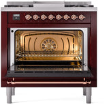 Nostalgie II 36 Inch Dual Fuel Liquid Propane Freestanding Range in Burgundy with Copper Trim