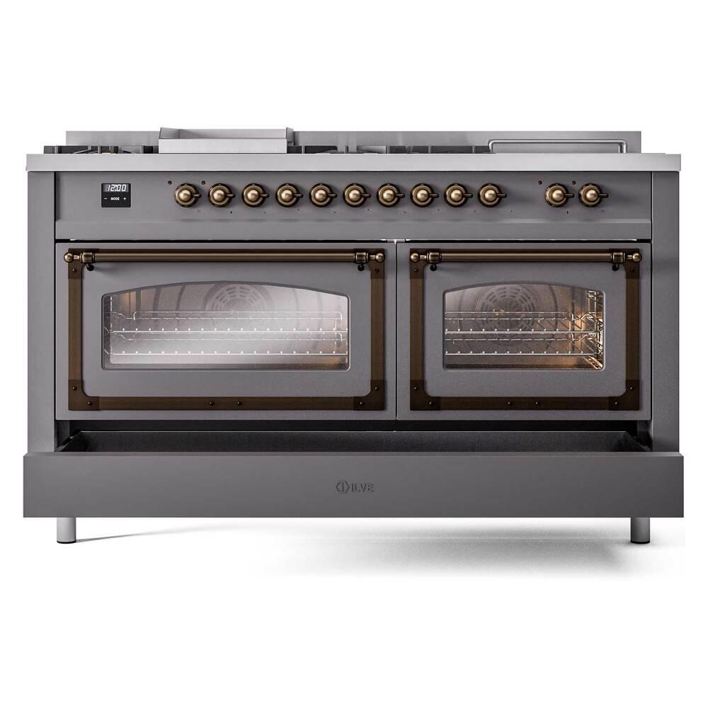 ILVE UN60FSNMPMGBLP Nostalgie II Noblesse 60 inch Dual Fuel Range (7 Sealed Burners + Griddle + French Top, Liquid Propane, Triple Glass Door, Graphite Matte, Burnished)