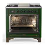 ILVE UM36FNR3EGBLP Majestic III 36 inch Dual Fuel Range with 6 Black Brass Burners and Griddle, Dual Function Burner up to 25,000 BTU (Triple Glass Door, Emerald Green, Burnished, Liquid Propane)