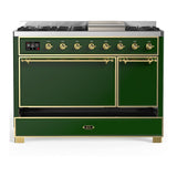 ILVE UM48FQNR3EGGLP Majestic III 48 inch Dual Fuel Range with 8 Burners and Griddle, Dual Function Burner up to 25,000 BTU (Liquid Propane, Solid Door, Emerald Green, Brass)