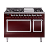 ILVE UN48FQNMPBUCLP Nostalgie II Noblesse 48 inch Dual Fuel Range (8 Sealed Burners + Griddle, Liquid Propane, Solid Door, Burgundy, Chrome)