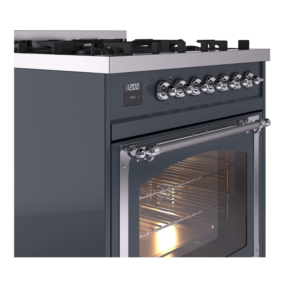 ILVE UN30NMPBGC Nostalgie II Noblesse 30 inch Dual Fuel Range (Natural Gas, Triple Glass Door, Blue Grey, Chrome)